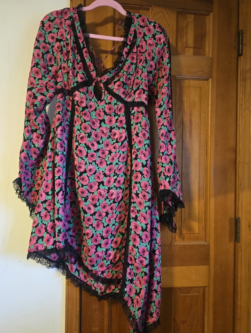 For Love & Lemons Floral Pink & Teal Lace Trim Tunic Dress